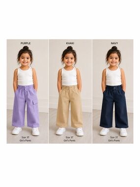 Pekkle Toddler Girls 3T Wide Leg Pants Lot 3 Cotton Blue Purple Khaki